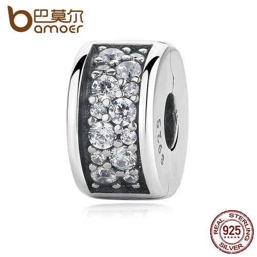 BAMOER 925 Sterling Silver Shining Shining Elegance Clip, Clear CZ Charms fit Bracelet for Women DIY Jewelry Making PAS310