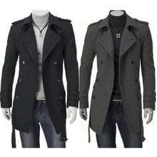 Load image into Gallery viewer, Fashion Winter Men Jackets Black Grey Faux Wool Trench Men Cardigan Business Clothes Slim Fit Belted Long Coat Outwear Hombre