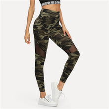 Load image into Gallery viewer, SHEIN Multicolor Mesh Insert Camo Print Leggings Sporting Patchwork Sheer Crop Pants Women Autumn Athleisure Leggings