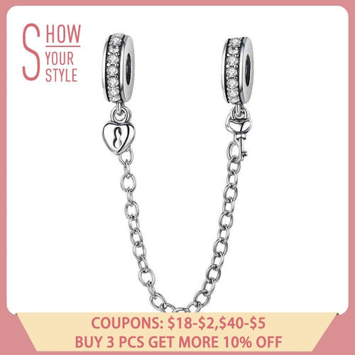 BAMOER Authentic 925 Sterling Silver Stackable Heart Love Heart Dangle Safety Chain Charm fit Charm Bracelet DIY Jewelry SCC606