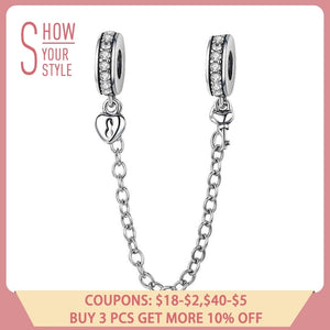 BAMOER Authentic 925 Sterling Silver Stackable Heart Love Heart Dangle Safety Chain Charm fit Charm Bracelet DIY Jewelry SCC606