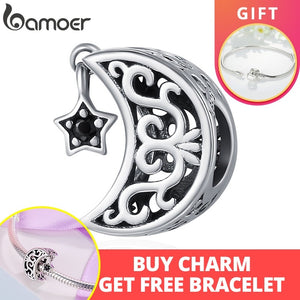 BAMOER 100% 925 Sterling Silver Openwork Moon and Star Goodnight Charm Beads fit Bracelet DIY Jewelry Valentine Day Gift SCC483