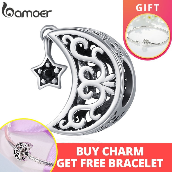 BAMOER 100% 925 Sterling Silver Openwork Moon and Star Goodnight Charm Beads fit Bracelet DIY Jewelry Valentine Day Gift SCC483