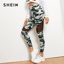 Load image into Gallery viewer, SHEIN Multicolor Mesh Insert Camo Print Leggings Sporting Patchwork Sheer Crop Pants Women Spring Athleisure Leggings