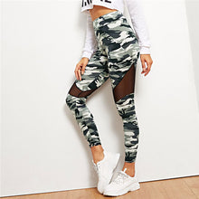 Load image into Gallery viewer, SHEIN Multicolor Mesh Insert Camo Print Leggings Sporting Patchwork Sheer Crop Pants Women Spring Athleisure Leggings