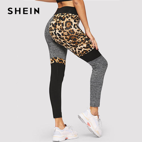 SHEIN Color-Block Leopard Print Skinny Casual Leggings Sporting Patchwork Crop Pants Women Spring Athleisure Mid Waist Leggings
