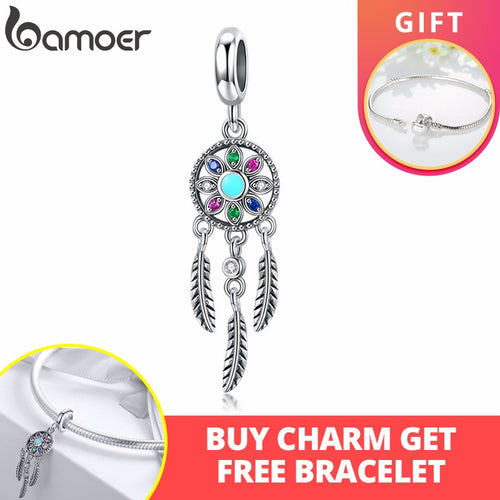 BAMOER Hot Sale 925 Sterling Silver Bohemian Dream Catcher Pendant Charm fit Bracelet & Necklaces Silver Jewelry Making SCC961