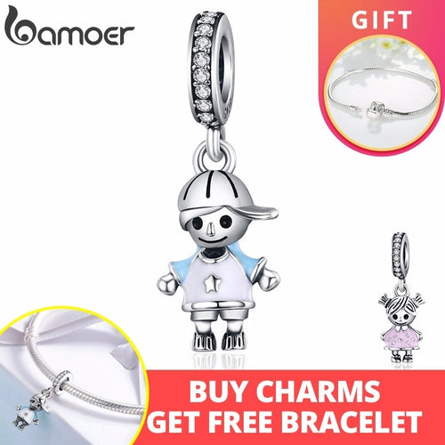 BAMOER 2018 New 100% 925 Sterling Silver Couple Little Girl & Boy Pendant Charm fit Girls Charm Bracelet DIY Jewelry SCC544